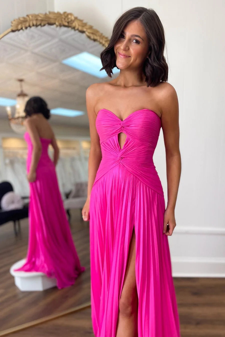 Hot Pink Strapless Keyhole Pleated A-Line Prom Dress nv1645