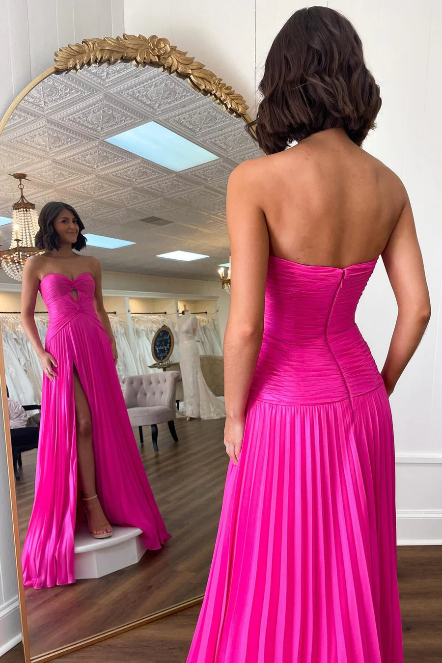 Hot Pink Strapless Keyhole Pleated A-Line Prom Dress nv1645