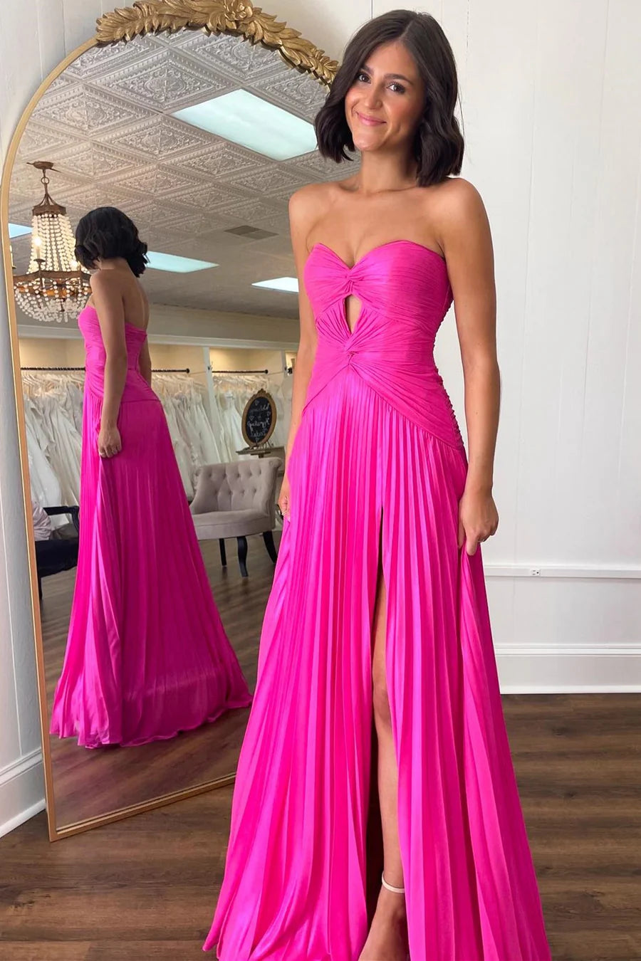 Hot Pink Strapless Keyhole Pleated A-Line Prom Dress nv1645