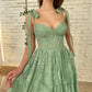 Green Lace Midi Ball Gown Sweetheart Bow Straps Boned Waist A-Line Wedding Party Dress Backless Formal nv1674