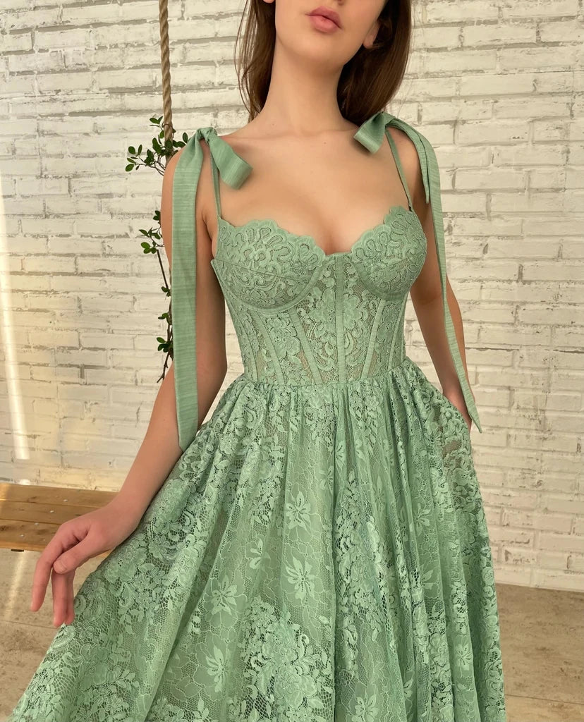 Green Lace Midi Ball Gown Sweetheart Bow Straps Boned Waist A-Line Wedding Party Dress Backless Formal nv1674