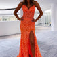 Robe longue en dentelle à col en V, style sirène, coupe slim, fente latérale, robe de soirée, orange, nv120