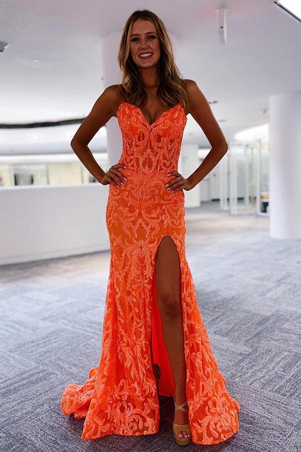 Robe longue en dentelle à col en V, style sirène, coupe slim, fente latérale, robe de soirée, orange, nv120