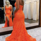 Robe longue en dentelle à col en V, style sirène, coupe slim, fente latérale, robe de soirée, orange, nv120