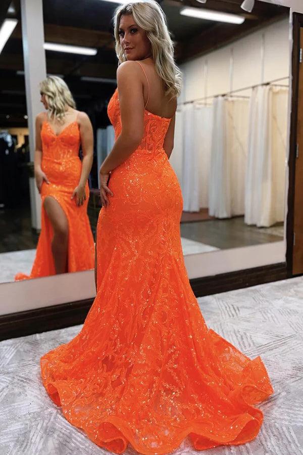 Robe longue en dentelle à col en V, style sirène, coupe slim, fente latérale, robe de soirée, orange, nv120