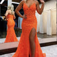 Robe longue en dentelle à col en V, style sirène, coupe slim, fente latérale, robe de soirée, orange, nv120