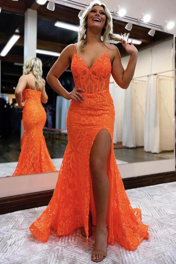 Robe longue en dentelle à col en V, style sirène, coupe slim, fente latérale, robe de soirée, orange, nv120