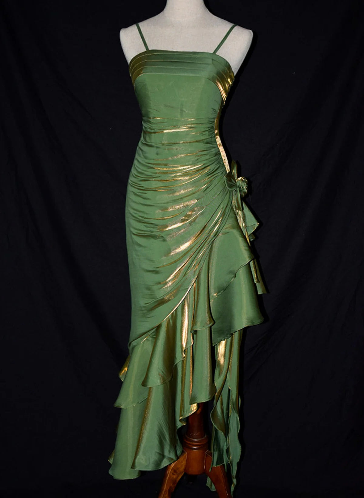 Green retro fashion spaghetti straps long irregular ruffle elegant satin ball gown, evening dress, party dress nv1626