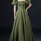 Vintage olive green A-line off-the-shoulder short sleeves solid satin low back bow train long ball gown evening dress party dress nv2566