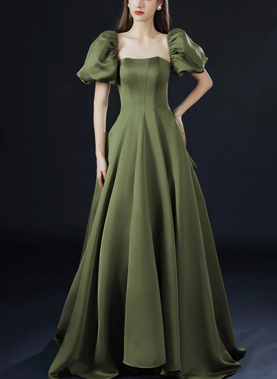 Vintage olive green A-line off-the-shoulder short sleeves solid satin low back bow train long ball gown evening dress party dress nv2566