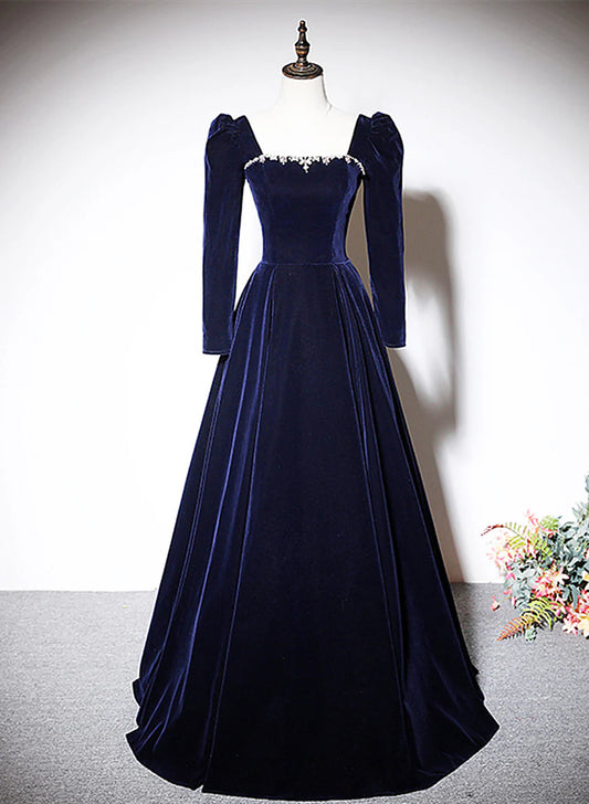 Navy Velvet Long Sleeve Beaded Gown A-Line Long Ball Gown Evening Dress nv3070