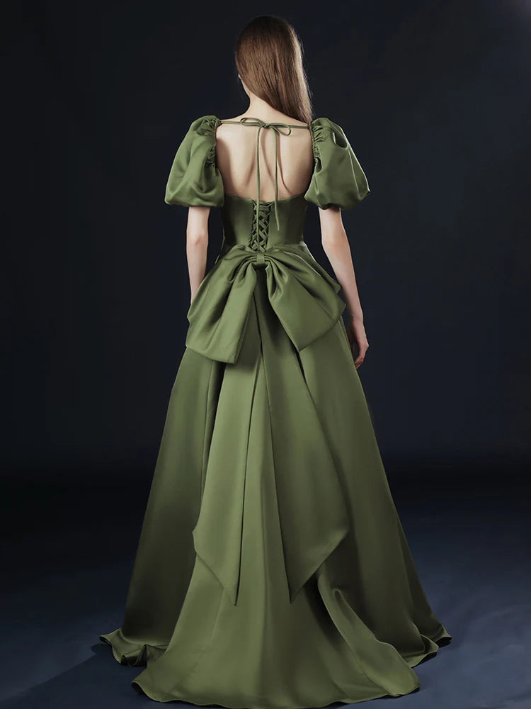 Vintage olive green A-line off-the-shoulder short sleeves solid satin low back bow train long ball gown evening dress party dress nv2566