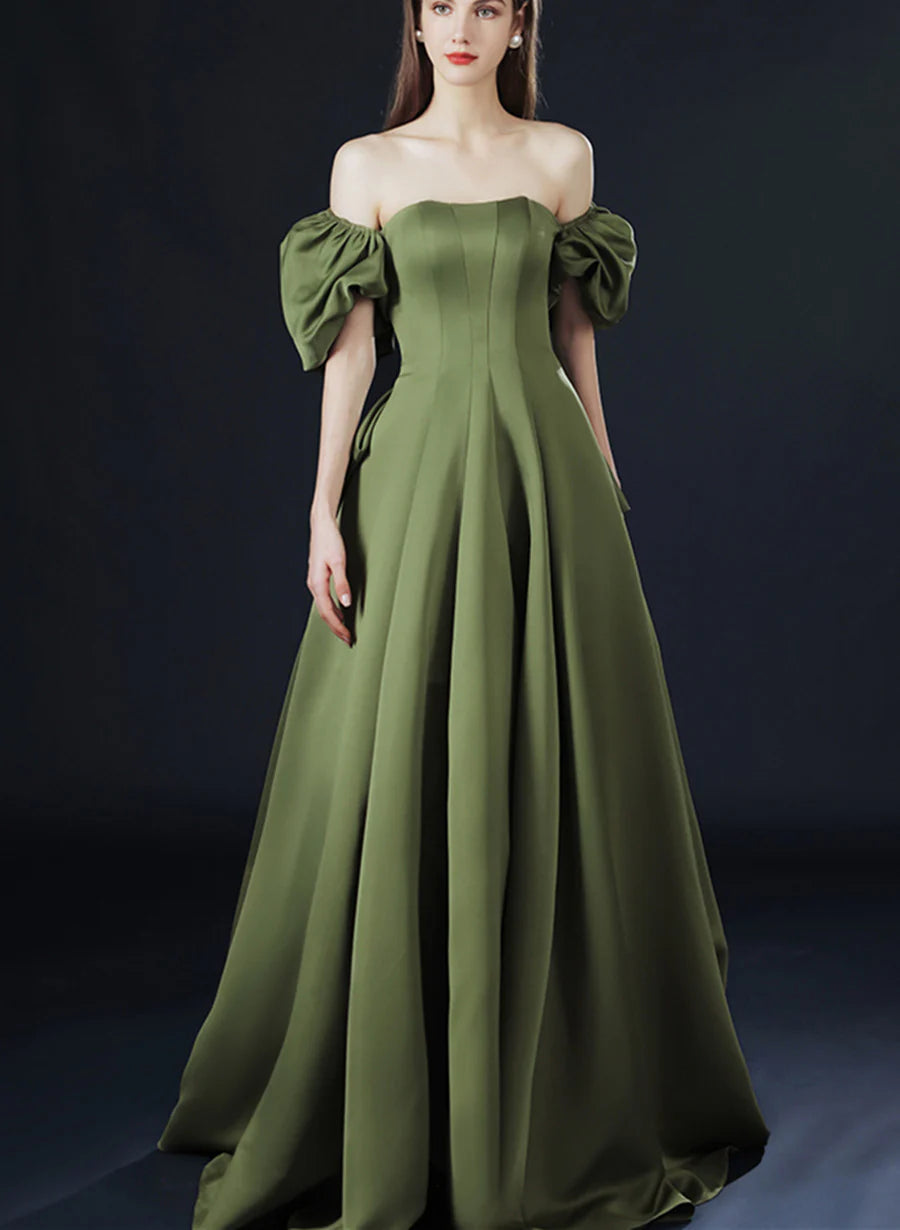 Vintage olive green A-line off-the-shoulder short sleeves solid satin low back bow train long ball gown evening dress party dress nv2566