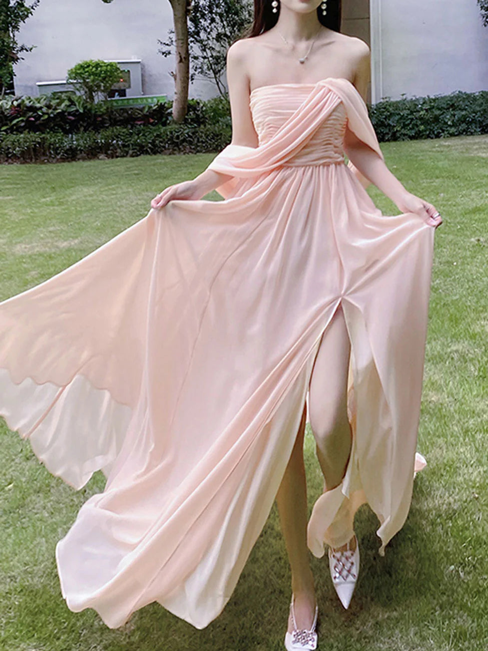 Pink Chiffon Long Prom Dresses, Pink Formal Evening Party Dress nv1531