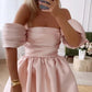 Pink Fashion Off Shoulder Puffy Skirt Mini Dress Ruffled Ball Gown Elegant Evening Dress nv1788