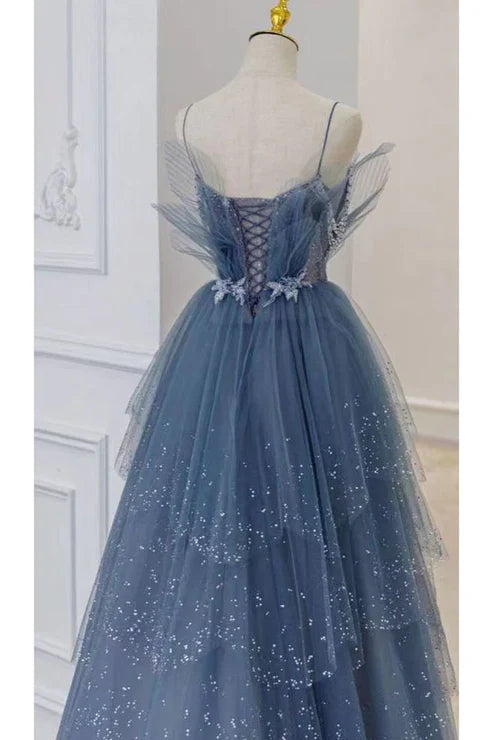 Robe de soirée longue en tulle bleu magnifique et brillante avec appliques élégantes nv55