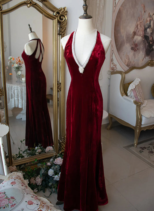 Charming Burgundy Mermaid Velvet Long Ball Gown Evening Gown Party Dress nv1776