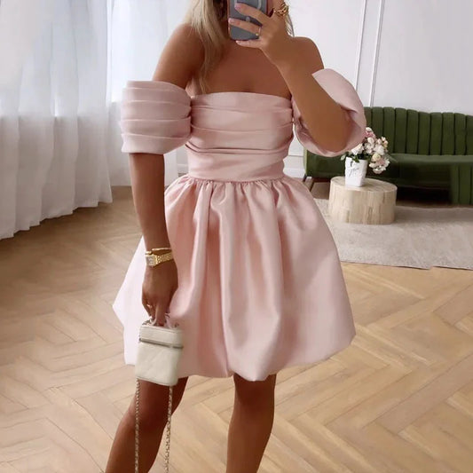 Pink Fashion Off Shoulder Puffy Skirt Mini Dress Ruffled Ball Gown Elegant Evening Dress nv1788