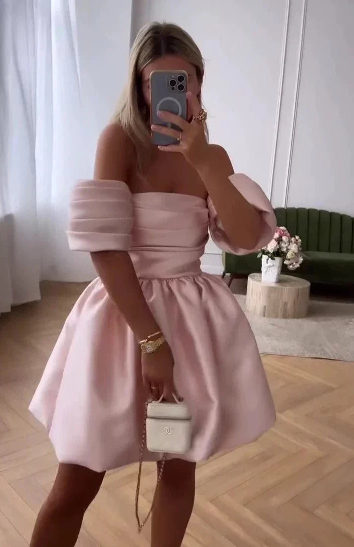 Pink Fashion Off Shoulder Puffy Skirt Mini Dress Ruffled Ball Gown Elegant Evening Dress nv1788