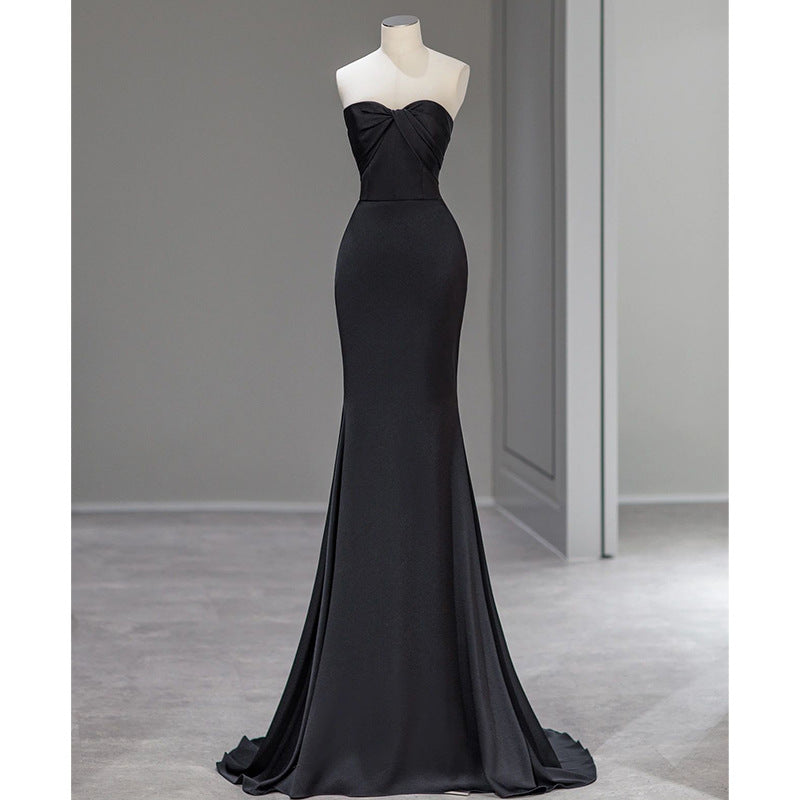 Robe de soirée noire simple à épaules dénudées, robe vintage nv1705