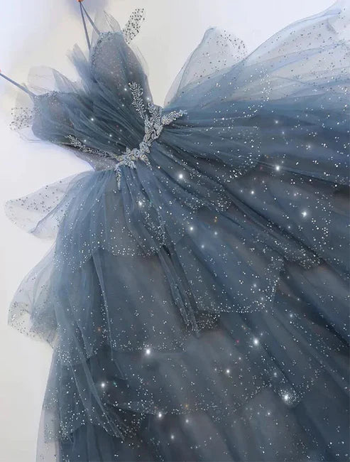 Robe de soirée longue en tulle bleu magnifique et brillante avec appliques élégantes nv55