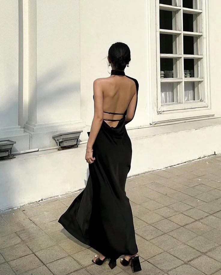 Black Spaghetti Strap Backless Sexy Satin Ball Gown Evening Dress nv1737