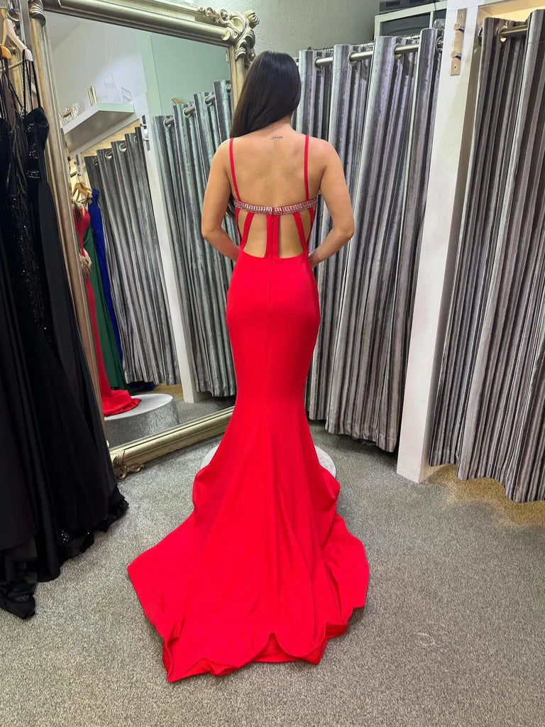 Open Back Mermaid Red Long Prom Dresses with Train, Mermaid Red Formal Dresses, Long Red Evening Dresses nv1502