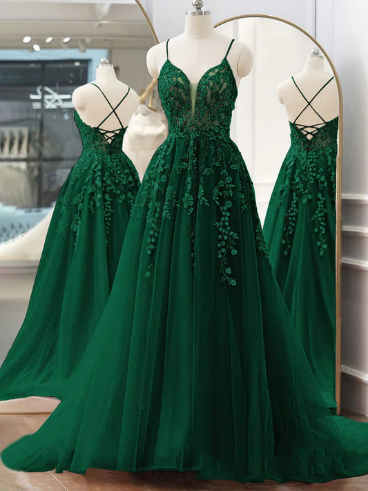 Open Back V Neck Green Lace Floral Long Prom Dresses, Green Lace Formal Dresses, Green Evening Dresses nv1506