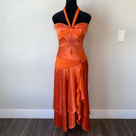 Orange Pretty Fashion Exquisite Beaded Suspender Long Satin Ruffle prom dress Evening Dress Birthday Party Dress nv3732