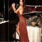 Burgundy shiny sequins V-neck long elegant sexy backless sleeveless front slit ball gown evening dress party dress nv59