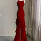 Black/Red/White Elegant Spaghetti Strap Backless Long Ruffle Mermaid Slim Ball Gown Evening Dress nv3518