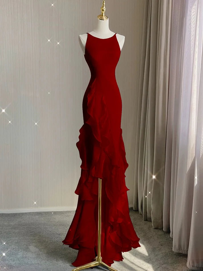 Black/Red/White Elegant Spaghetti Strap Backless Long Ruffle Mermaid Slim Ball Gown Evening Dress nv3518