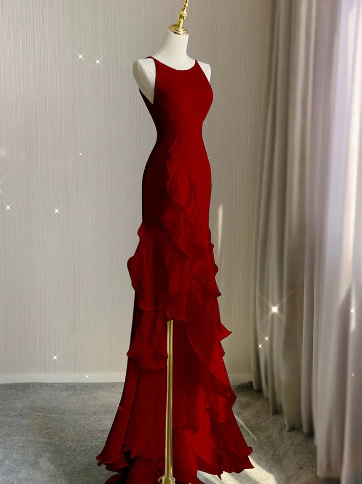 Black/Red/White Elegant Spaghetti Strap Backless Long Ruffle Mermaid Slim Ball Gown Evening Dress nv3518