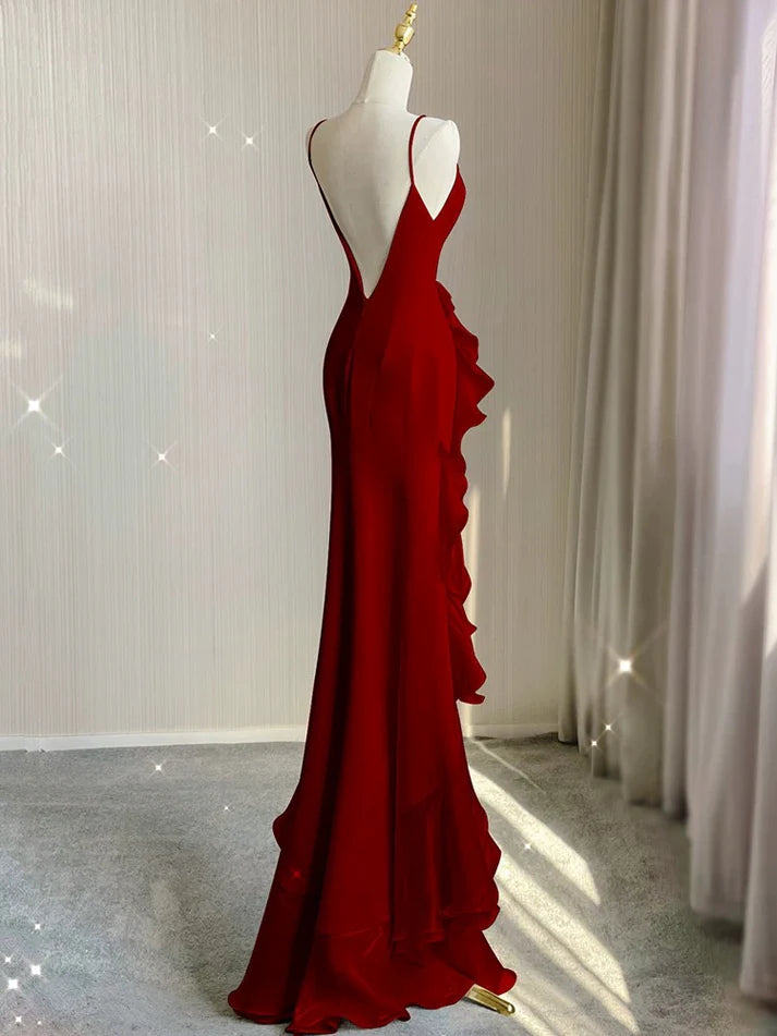 Black/Red/White Elegant Spaghetti Strap Backless Long Ruffle Mermaid Slim Ball Gown Evening Dress nv3518