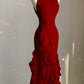 Black/Red/White Elegant Spaghetti Strap Backless Long Ruffle Mermaid Slim Ball Gown Evening Dress nv3518