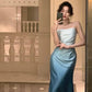 Blue elegant slim spaghetti strap off the shoulder long ball gown evening dress party dress birthday dress nv2321