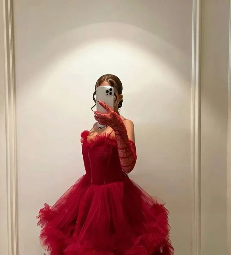 Rotes sexy langes Hosenträger-Tüll-Ballkleid, Abendkleid, Partykleid, NV2236