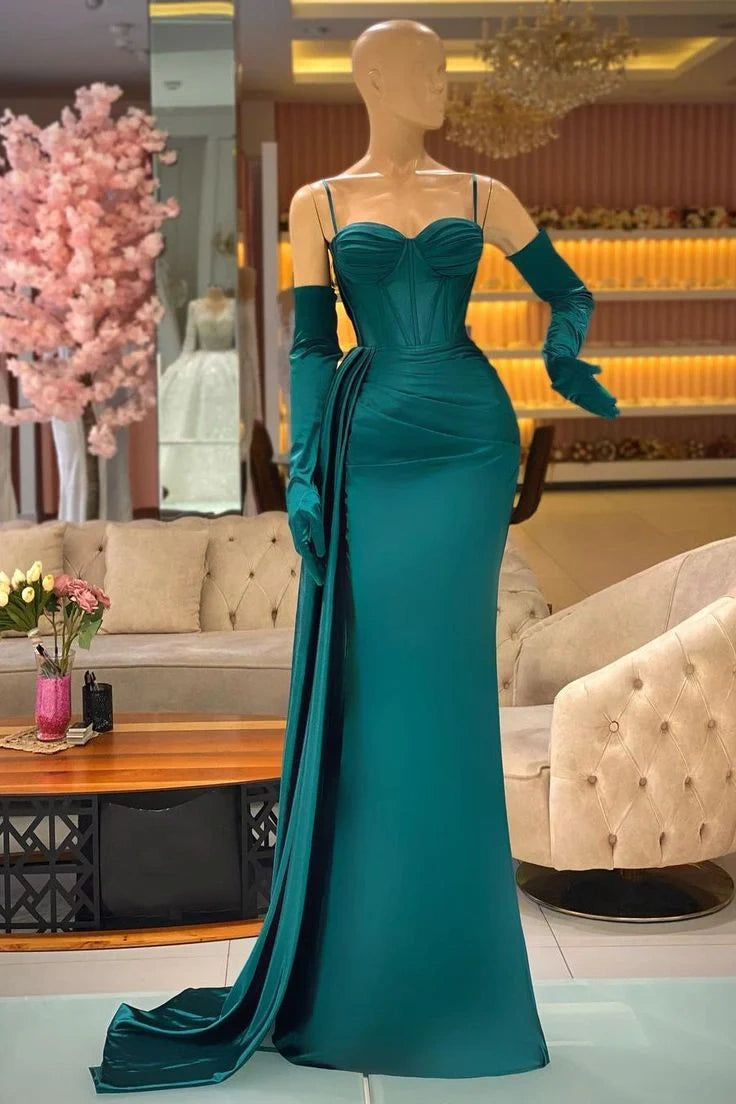 Dark Green Elegant Mermaid Long Spaghetti Strap Ball Gown with Ruffles nv1980