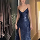 Navy Blue Simple Bodycon Suspender Long Slit Sequin Ball Gown Evening Dress Party Dress nv2396