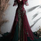 Burgundy Vintage Exquisite Embroidery Applique A-Line Long Off-the-shoulder Tulle Ball Gown Evening Dress nv3405