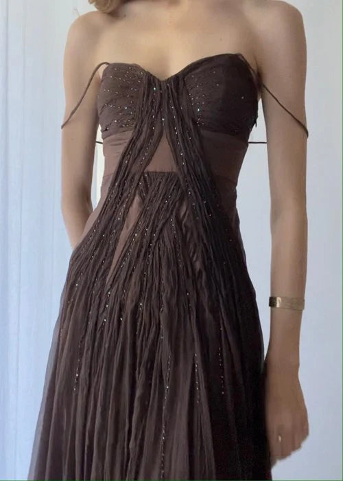 Vintage A Line Straps Floor Length Brown Prom Dresses nv1696