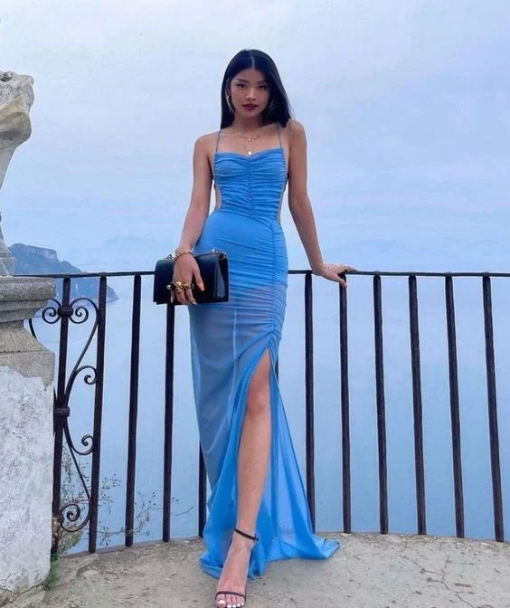 Blue suspenders fashionable sexy long chiffon ball gown see-through ball gown evening dress party dress holiday beach dress nv3493