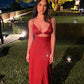 Red simple and elegant low-neck hollow A-line spaghetti strap long ball gown nv2494