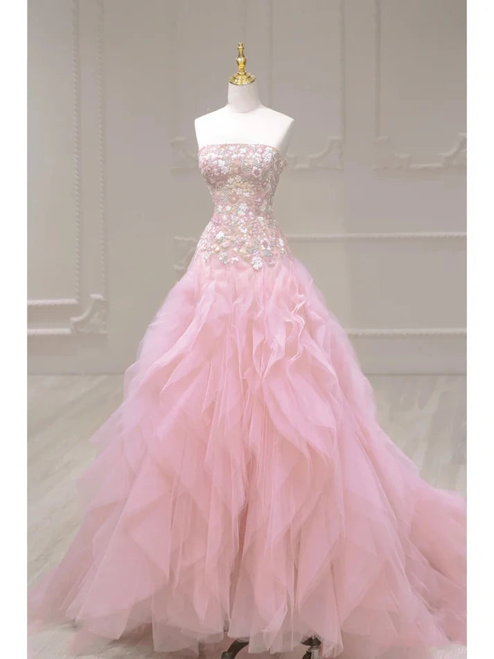 Robe de bal longue et élégante en tulle à épaules dénudées, motif floral exquis, rose, nv3307