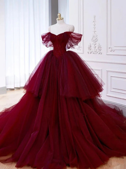 Ball gown off shoulder tulle red sweet dress  nv1704