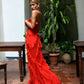Sexy red ruffled ball gown long sleeve dress evening party dress nv1772