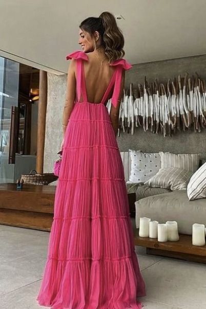 Hot Pink V-neck Halter Strapless Shoulder Bowknot Long Prom Dress Formal Dress Evening Dress Party Dress nv2549