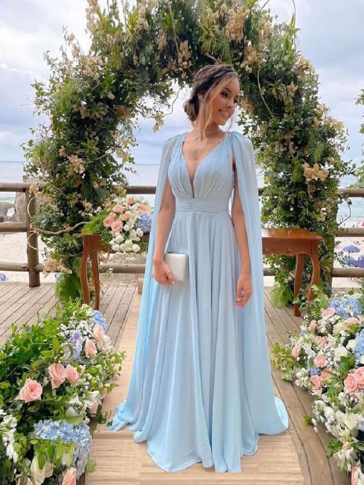 Light Sky Blue Chiffon A Line Prom Dresses With Streamer nv1722