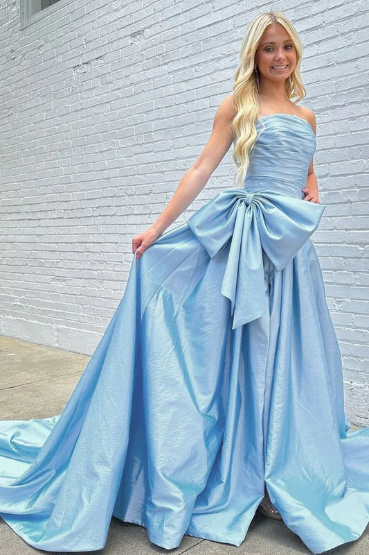 A-Line Strapless Light Blue Satin Long Prom Dress with Bow nv1554