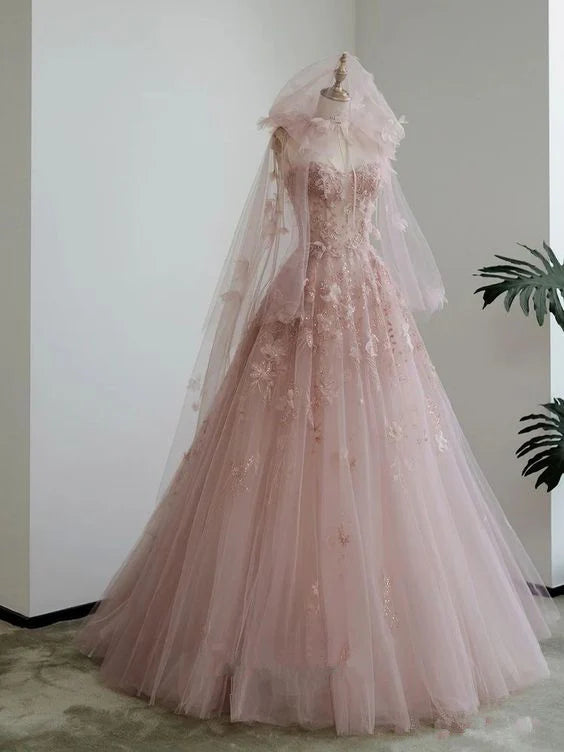 Pink Delicate Floral Applique A-Line Spaghetti Strap Long Tulle Ball Gown Evening Gown Party Dress Fairy Quinceanera Dress nv3486